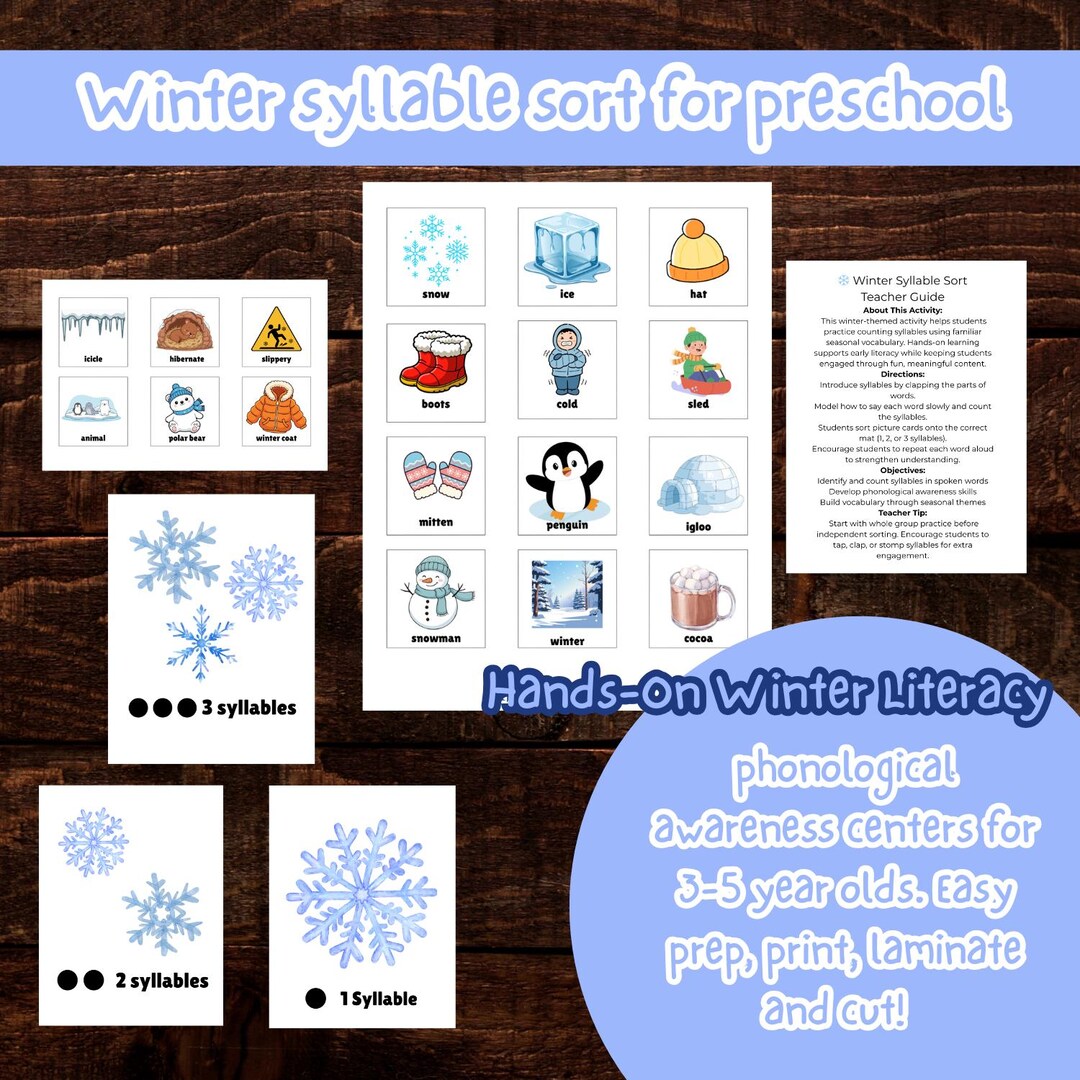 Winter Syllable Sort Preschool Activity, Snowman Snowflake Mitten ...