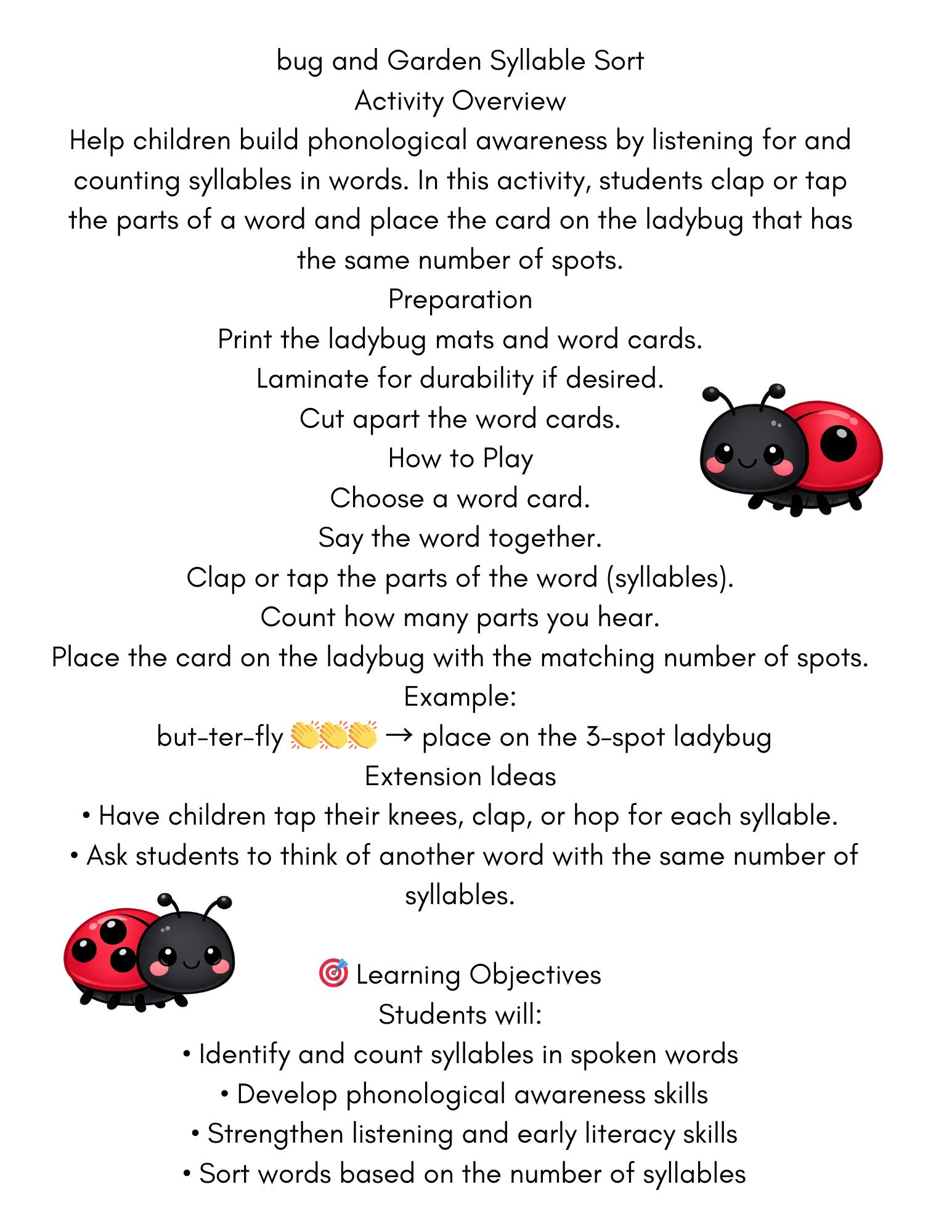 Bug and Garden Syllable Sort Activity | Preschool Phonological ...