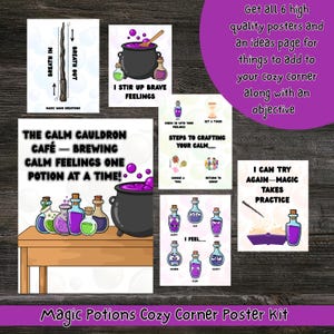 May include: A set of six posters with a cozy corner theme. The posters feature illustrations of potion bottles, cauldrons, and text such as "I Stir Up Brave Feelings" and "The Calm Cauldron Cafe". The kit includes an ideas page.