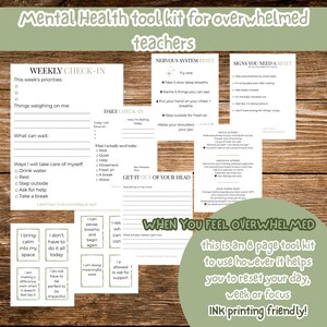 May include: A mental health toolkit for teachers, featuring printable worksheets and prompts. Includes a weekly check-in, daily check-in, and a nervous system reset guide. The kit also has affirmations and a guide to help manage feelings of being overwhelmed.