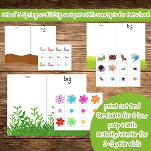 May include: Educational preschool activity set with three sorting boards labeled "small" and "big". The set includes images of worms, insects, and flowers for sorting. Text reads "set of 3 Spring small/big sort pre math concepts for Preschool".