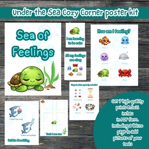 Puede incluir: Un conjunto de siete impresiones de 21,6 x 27,9 cm para un kit de carteles "Under the Sea Cozy Corner". Las impresiones incluyen ilustraciones de criaturas marinas, sentimientos y técnicas de calma. El kit incluye una página de velcro.