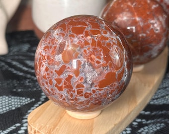Fiery Brecciated Jasper Sphere – Bold Red Healing Crystal with Druzy Inclusions & Grounding Energy
