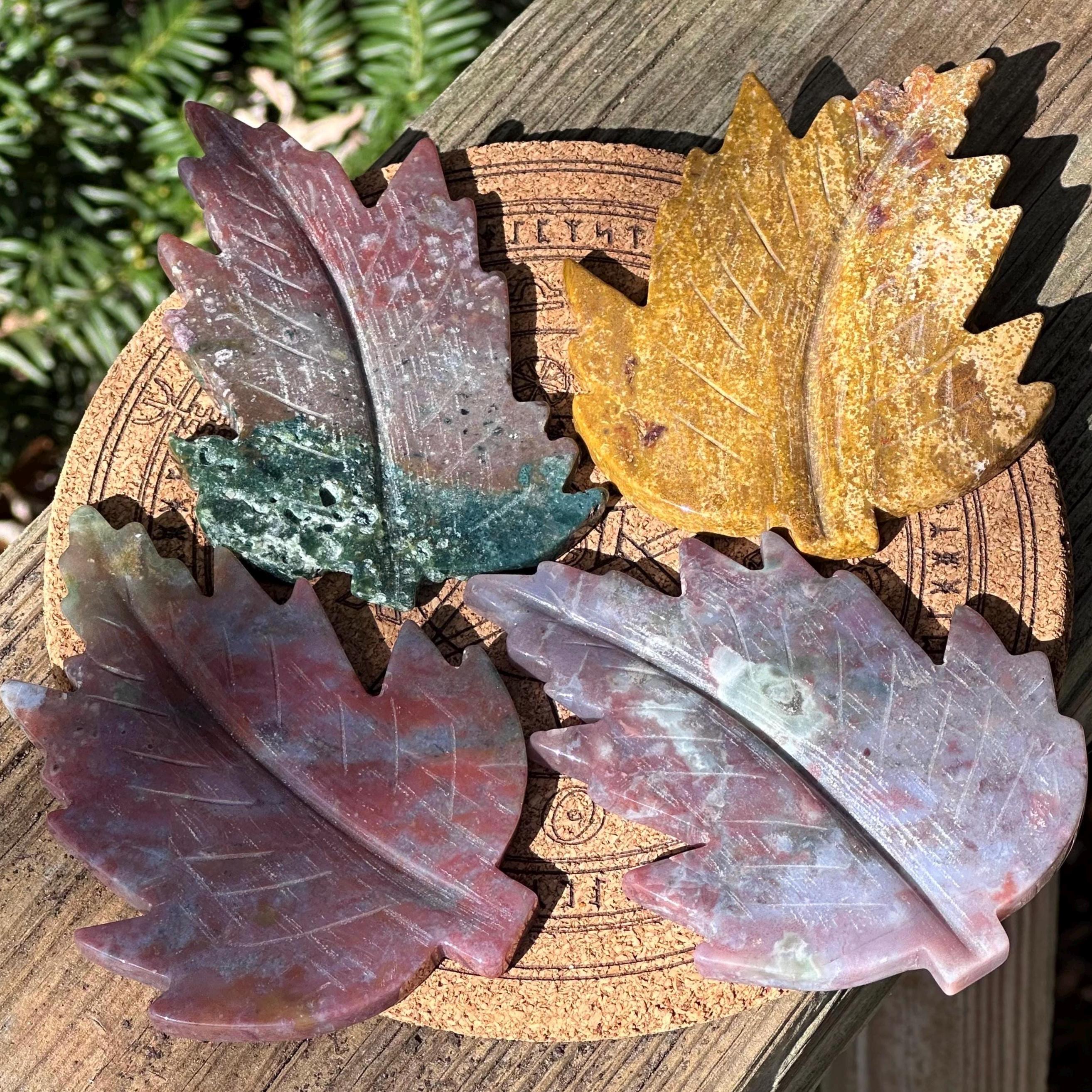 Hand-Carved Ocean Jasper Leaf Crystals – Unique Nature-Inspired Decor
