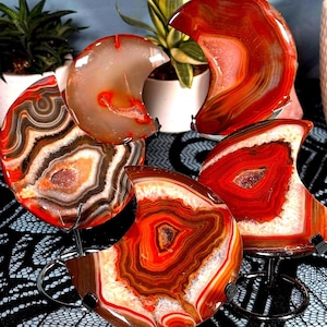 May include: A collection of polished agate slices in crescent and irregular shapes. The stones display concentric bands of red, orange, brown, and white, with some featuring crystal-filled centers. Each piece is mounted on a small metal stand.