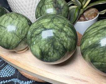 Lustrous Green Serpentine Jade Sphere – Polished New Jade for Calm, Balance & Heart Energy