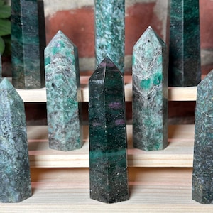 Fuchsite Tower | Ruby Inclusion Crystal Point, Heart Chakra Stone, UV Reactive Mineral Gift, Green Mica Crystal