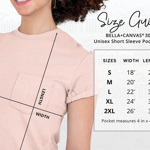 POCKET Shirt Size Chart, Bella Canvas 3021 Size Guide, Mockup for Pocket Tee, New Bella Canvas Shirt Chart Printify Sizes, Women's Inches