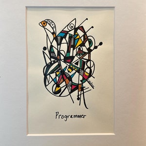 May include: A framed abstract art print with black lines and colorful geometric shapes. The print is titled "Programmer".