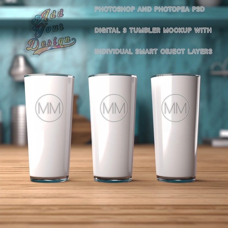 3 Tumblers PSD Mockup Each 20oz Tumbler Has It's Own Smart Object Layer