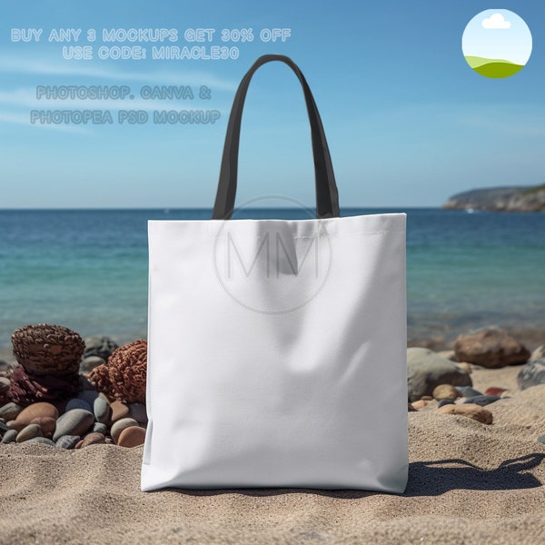 PSD Tote Bag with Black Handles Mockup | Beach Tote Bag | Mockup | Smart Object Tote Mockup | Tote Mockup | Photopea | Canva Frame
