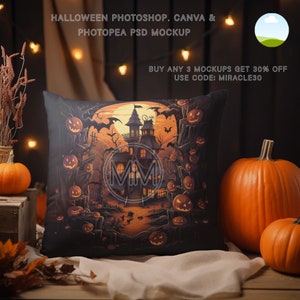 Maquette d'Halloween pour oreiller carré | Modèle de coussin | Maquette de coussin en toile | Maquette d'oreiller carré | Oreiller PSD | Cadre en toile | Maquette Photopea
