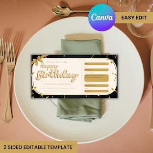 Customizable Happy Birthday Gift Voucher Template - Printable Birthday Certificate with Gold Foil Confetti, Unisex Gift Coupon Canva Design