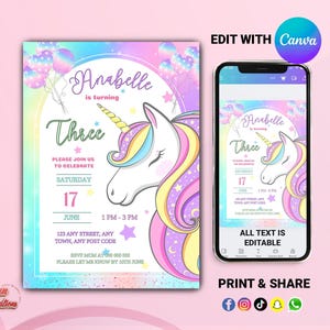 Unicorn Birthday Invitation: Pastel Rainbow Sparkle, Editable Canva Template (Digital)
