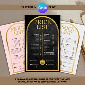 Editable Price List Templates Canva - Minimalist x3 Designs, Gold Chrome Treatment Menu, Instagram Story & Printable Beauty Price List