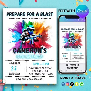 PAINTBALL Printable Birthday Invitation, Paint ball boy Theme Birthday invite, Teenager Birthday template, Boy Girl invite, Instant Download