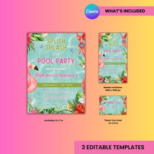 Editable Pool Party Invitation | Splish Splash Canva Invite | Pink Flamingo Girl Summer Birthday Digital Download | Instant Evite Easy Edit