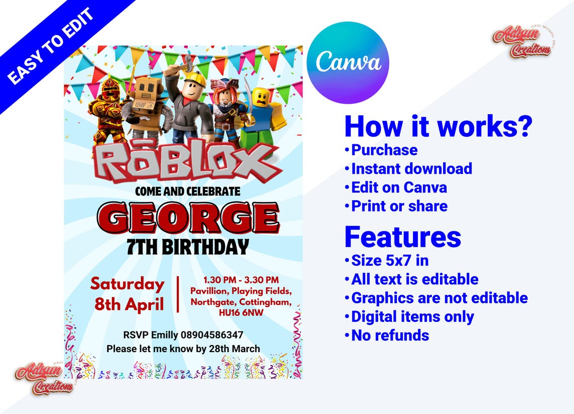 ROBLOX Printable Birthday Invitation | Editable Boy Invitation | Game ...
