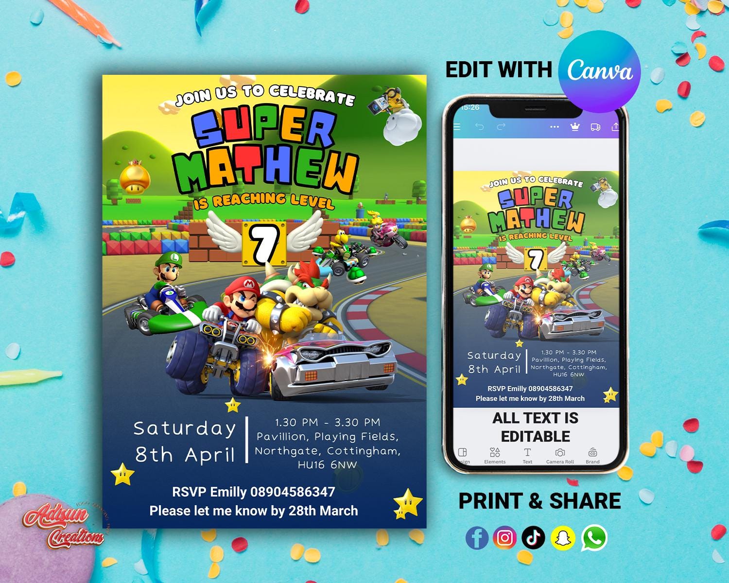 MARIO KART Printable Birthday Invitation | Editable Boy Invitation ...