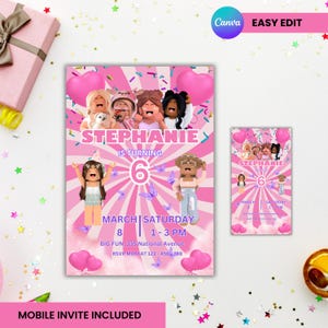Invitación de cumpleaños imprimible / Paquete de plantillas de invitación editables de Roblox para gamers de chicas / Descarga instantánea de Canva Digital Party Evite