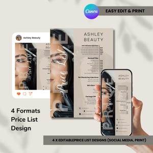 DIY Aesthetic Minimalist Price List Templates Beige & Black, x4 Editable Canva Designs, Instagram Story, Feed, Printable Treatment Menu