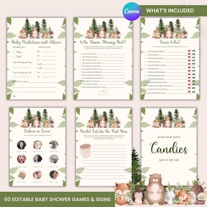 Woodland Baby Shower Games Bundle: 60 Editable Templates (Canva Digital Download)