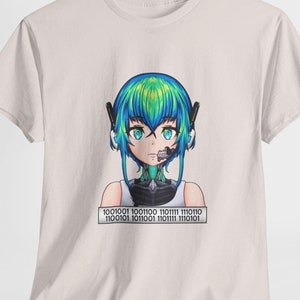 May include: A light gray t-shirt with a graphic of a female anime character with blue and green hair. The character is wearing a white tank top and has a binary code pattern below her. The text on the shirt reads "1001001 1001100 110111 110110 1100101 1011001 110111 110101".