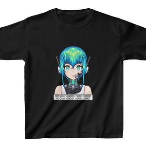 May include: Black t-shirt featuring an anime-style character with blue and green hair, teal eyes, and a cybernetic design. The character has a headset and a binary code strip at the bottom. A unique graphic tee.