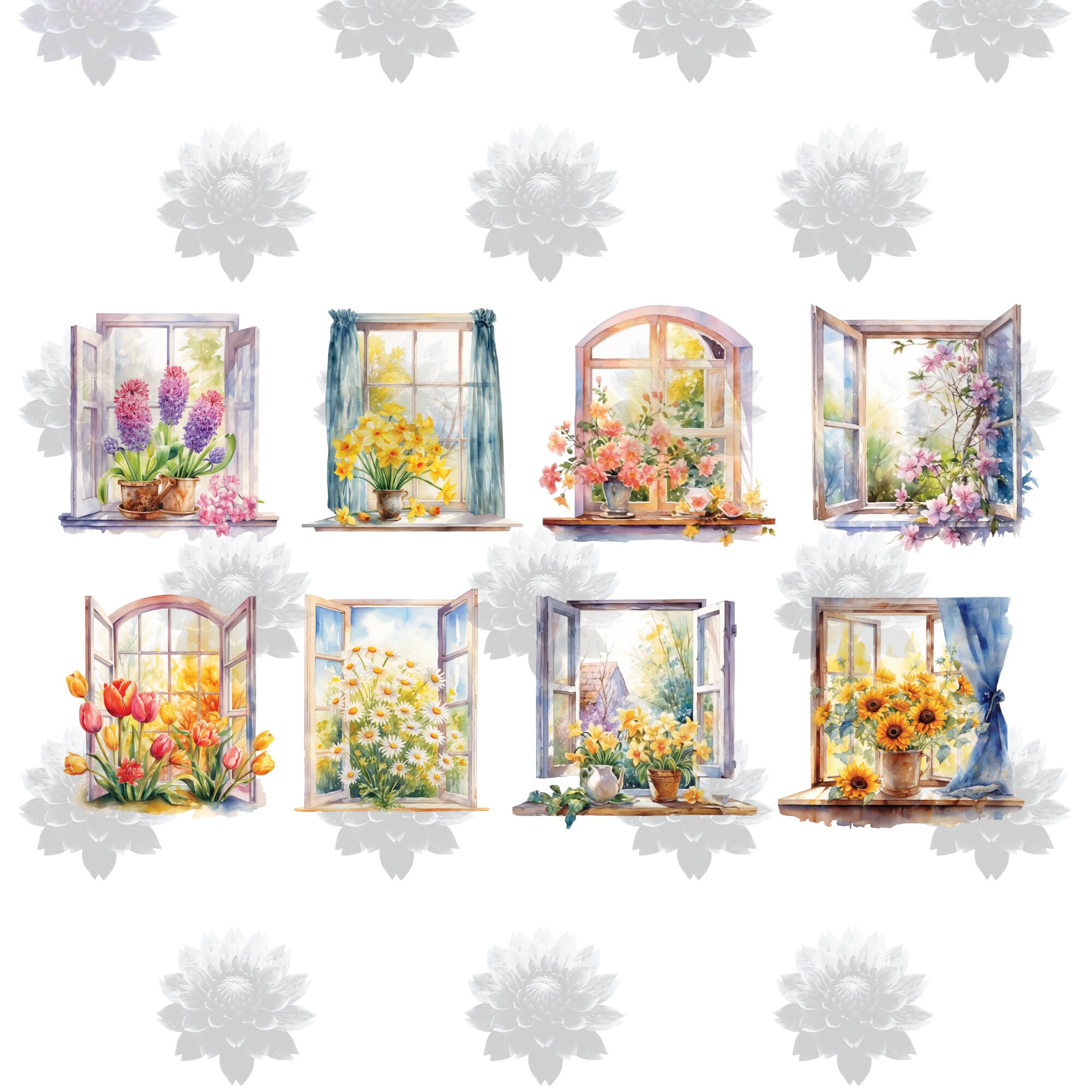 Watercolor Spring Windows Clipart - Floral Windows, PNG Format Instant ...