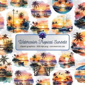 Watercolor Tropical Sunsets Clipart - beach landscape, PNG format instant download for commercial use