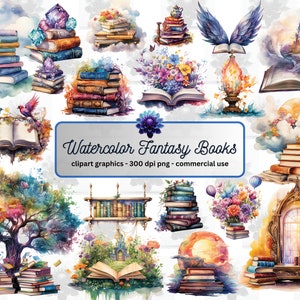 Watercolor Fantasy Book Clipart - cosmic wizard book stacks, PNG format, transparent backgrounds, instant download for commercial use