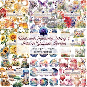 Watercolor Heavenly Spring & Autumn Graphics Bundle, clip art with transparent backgrounds in PNG format for commercial use