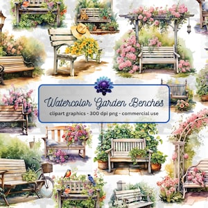 Acuarela Garden Benches Clipart - banco del parque, descarga instantánea en formato PNG para uso comercial