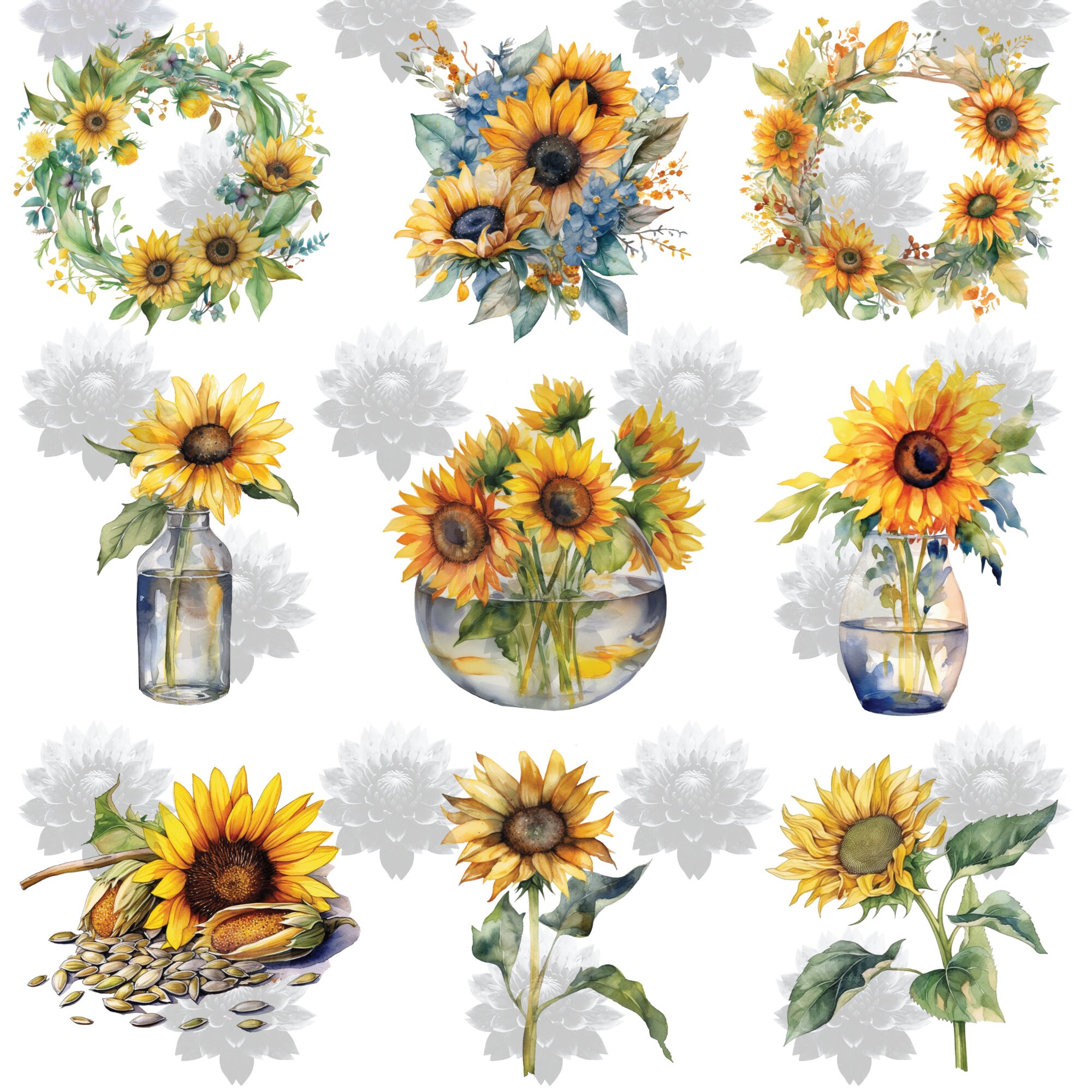 Watercolor Sunflowers Clipart - Fall Sunflower Floral Bouquets in PNG ...