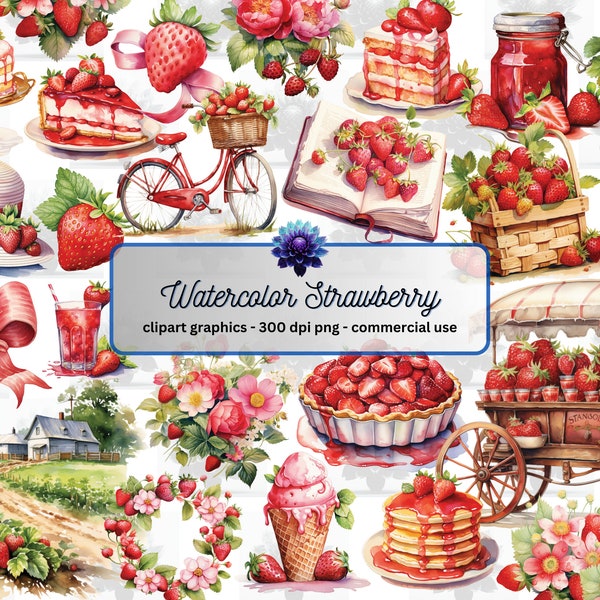 Watercolor Strawberries Clipart -  strawberry themed illustrations, PNG format, graphics for instant download commercial use