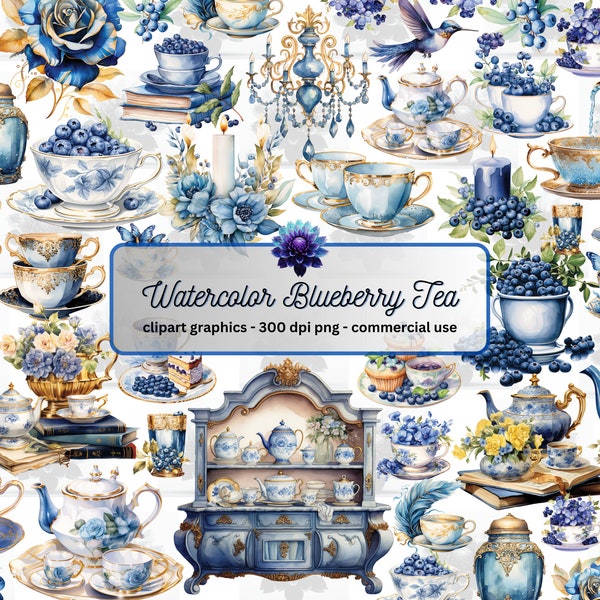 Watercolor Blueberry Tea Clipart, blue and gold themed PNG graphics, instant download for commercial use