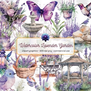 Watercolor Lavender Garden Clipart - Provence floral spring PNG format, transparent backgrounds, instant download for commercial use