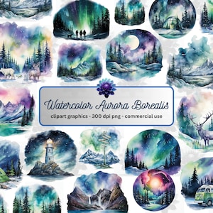 Watercolor Aurora Borealis Clipart - fantasy, northern lights illustrations, PNG format instant download for commercial use