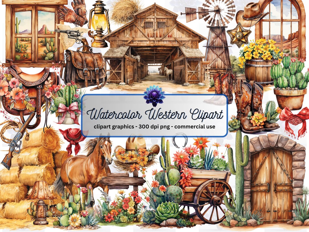 Watercolor Western Clipart - Texas Ranch Cowboy Illustrations, PNG ...