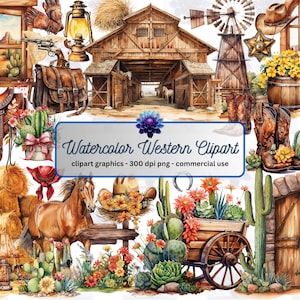 May include: Watercolor clipart set featuring western themed illustrations. Includes a barn, cactus, wagon, saddle, cowboy boots, a windmill, a lantern, a horse, and more.  Clipart graphics - 300 dpi png - commercial use.