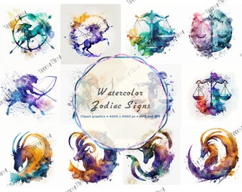 26 Watercolor Zodiac Signs Clipart - 26 zodiac signs PNG and JPG format instant download for commercial use