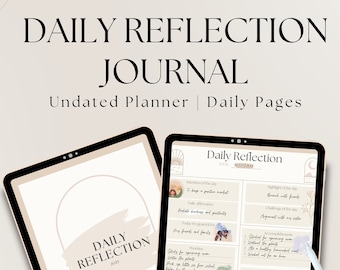 May include: A digital planner with a beige background and black frame. The planner is open to a page titled "Daily Reflection" with a list of prompts for daily reflection. The prompts include "Intentions of the day", "To keep a positive mindset", "Daily affirmation", "Gratitude and positivity", "Today I'm grateful for", "Priorities", "Goals for the day", "Discovering the good", "Motivated", "Highlights of the day", "Connect with friends", "Challenge of the day", "Argument with my sister", "Things I learned", "Set out clothes for tomorrow", "Put laundry away", "Plan breakfast for tomorrow", "Prepare morning snack", "Things I need", "Accomplished", "Today's rating".