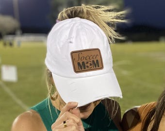 Soccer Mom White Ponytail Hat, Sports, Laser Engraved Patch.