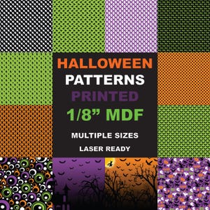 May include: A collection of twelve square tiles featuring various Halloween-themed patterns including ghosts, bats, pumpkins, and spooky landscapes. The central text reads HALLOWEEN PATTERNS PRINTED 1/8" MDF MULTIPLE SIZES LASER READY.