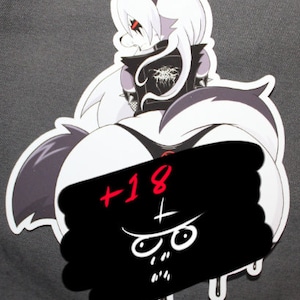 May include: A sticker depicting a cartoon character with white fur, red eyes, and a black outfit. The sticker has a black censor over the lower half with the text "+18" in red. The character is in a sitting position.
