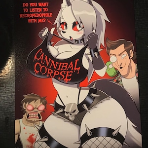 Puede incluir: Ilustración de dibujos animados con un personaje parecido a un lobo sosteniendo una camiseta negra con las palabras "CANNIBAL CORPSE" en rojo. La imagen tiene un fondo rojo e incluye otros personajes de dibujos animados.