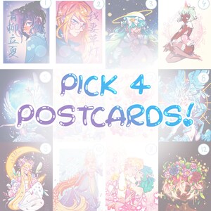 May include: A collage of 12 colorful illustrations featuring anime-style characters. The text "PICK 4 POSTCARDS!" is in the center of the image.