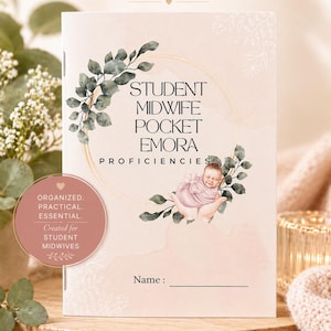 May include: A softcover book titled "Student Midwife Pocket Emora Proficiencies" with a watercolor illustration of a baby and greenery. The cover also includes the text "A Must-Have Guide for Every Student Midwife."