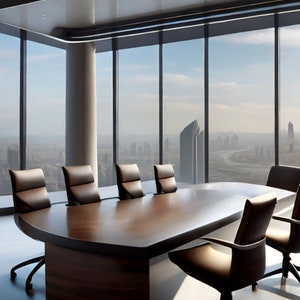 Puede incluir: Una sala de conferencias moderna con una gran mesa de madera y sillas de cuero marrón. La sala tiene ventanas de suelo a techo con vistas al horizonte de una ciudad.