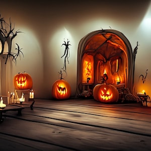 May include: A spooky Halloween scene with a wooden floor, lit candles, and carved pumpkins with glowing faces. The room is decorated with black branches and silhouettes of bats.